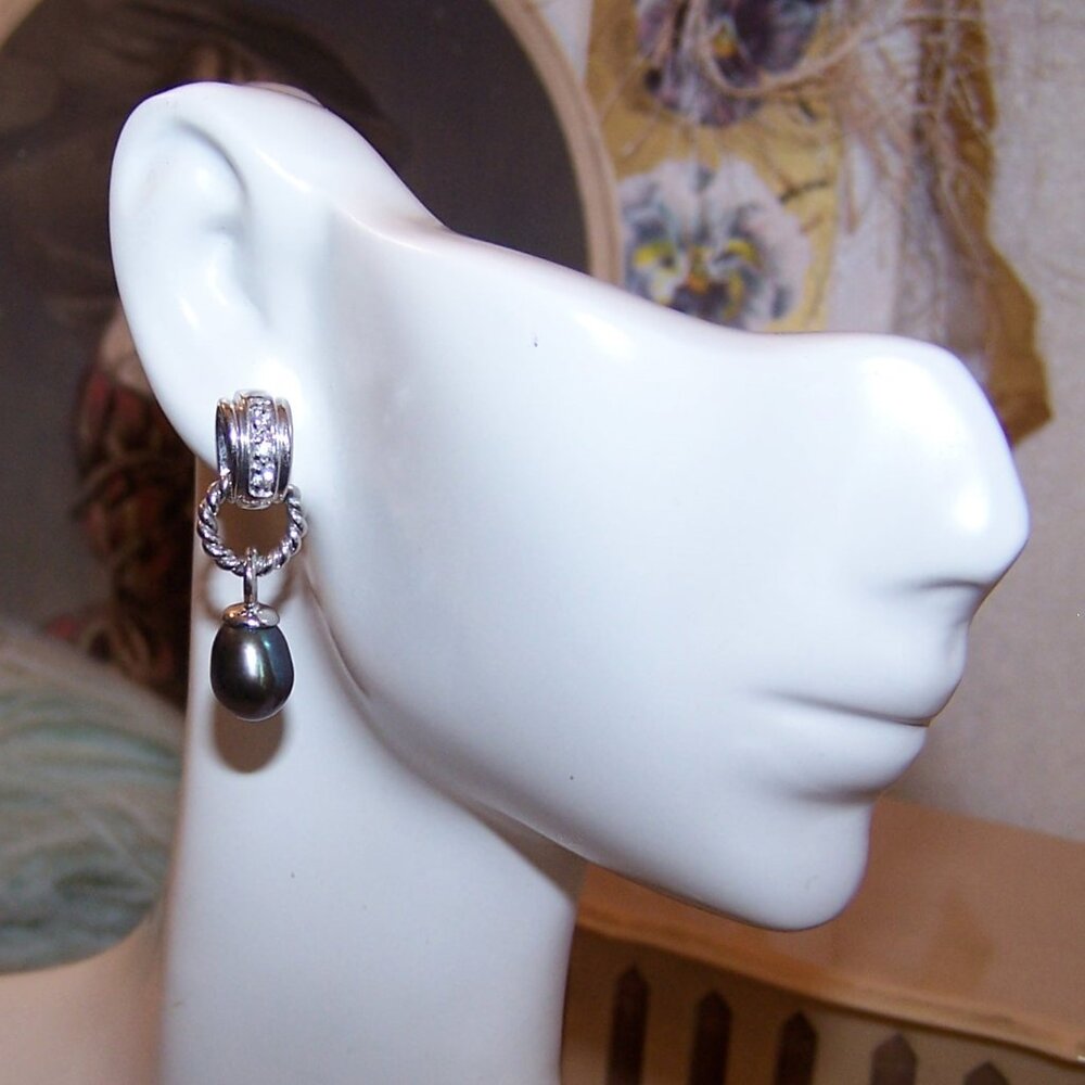 Sterling Silver Cubic Zirconiz CZ Black Pearl Dangle Earrings - Posts with Nuts